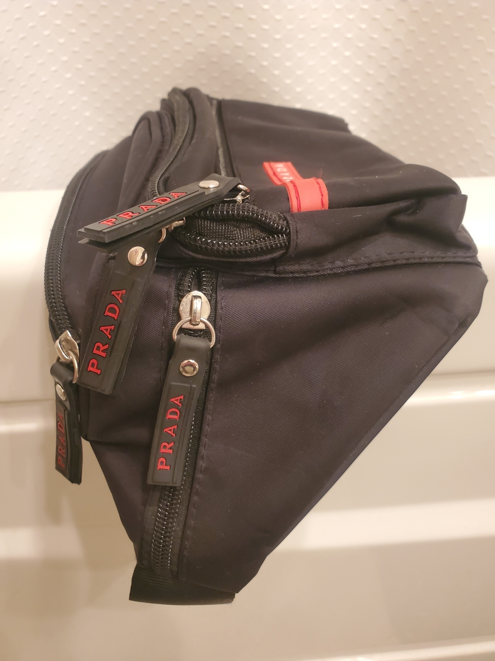 Prada Black Nylon Belt Bag with Red Logo Trim - Picture 2 of 7